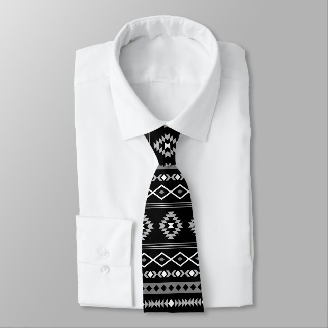 Aztec White Grey Blk Mixed Motifs Pattern Neck Tie (Tied)