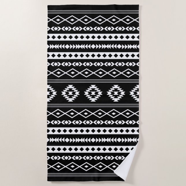 Aztec White on Black Mixed Motifs Pattern Beach Towel (Front)