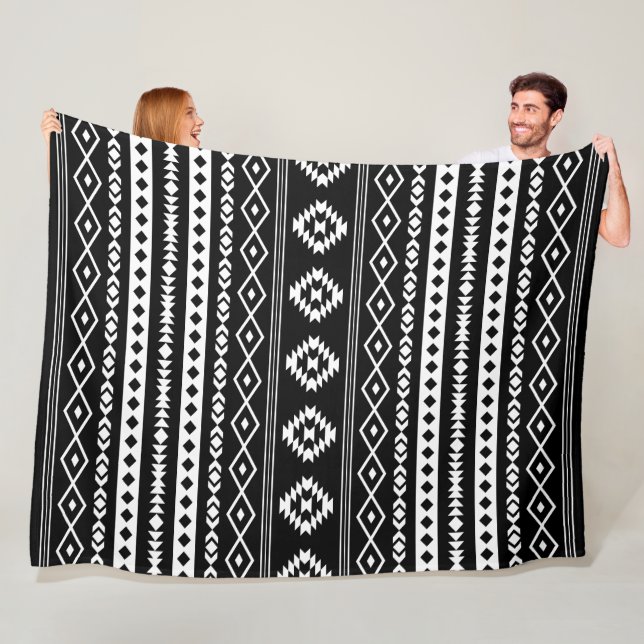 Aztec White on Black Mixed Motifs Pattern Fleece Blanket (In Situ)