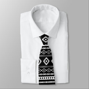 Aztec White on Black Mixed Motifs Repeat Pattern Tie