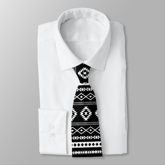 Aztec White on Black Mixed Motifs Repeat Pattern Tie (Tied)