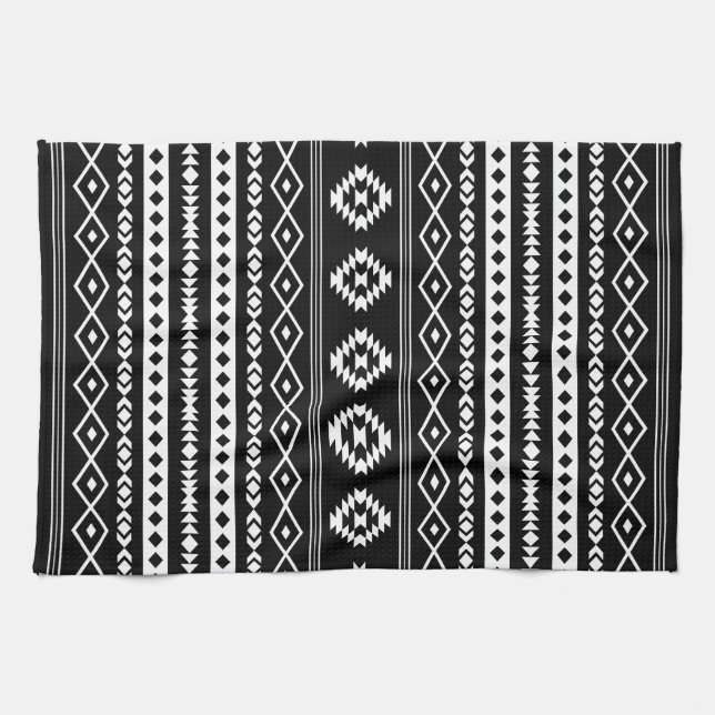 Aztec White on Black Mixed Motifs (V) Pattern Kitchen Towel (Horizontal)