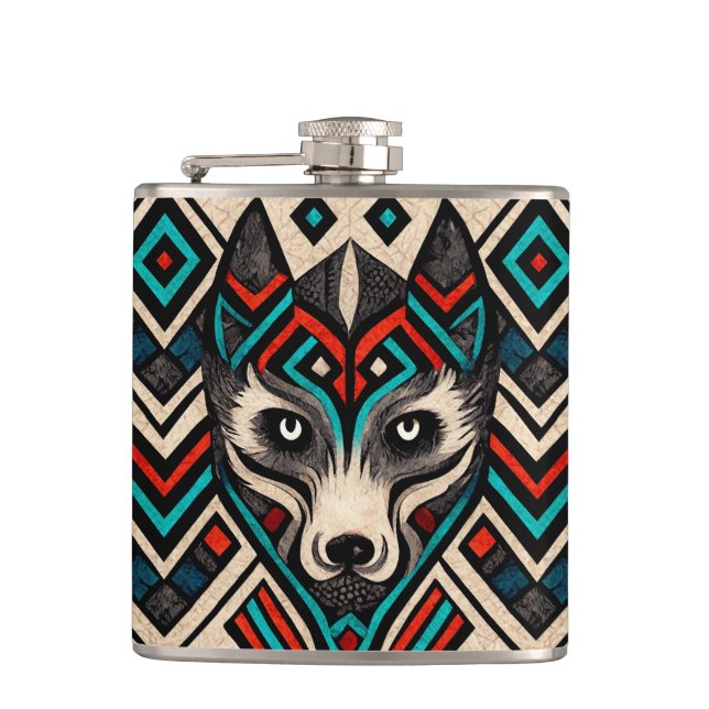 Aztec Wolf Face Hip Flask (Front)