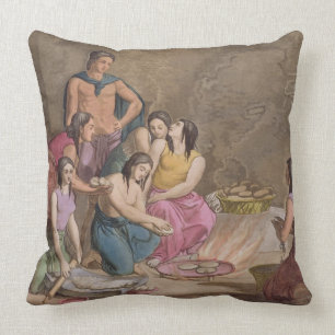 Aztec women making maize bread, Mexico, from 'Le C Throw Pillow