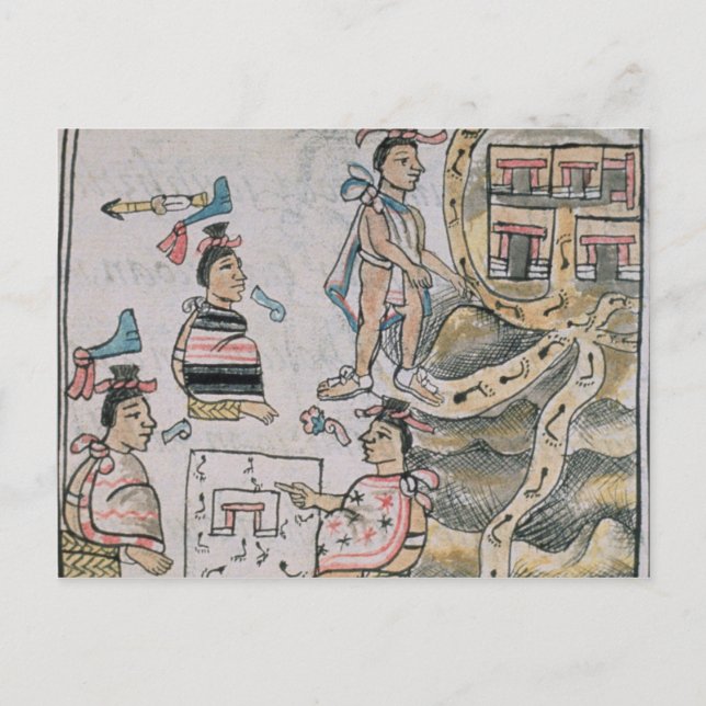 Aztecs consulting and following a map postcard (Front)