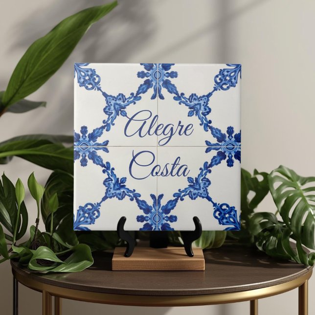 Azulejo Blue Custom House Name Plate Plaque Sign  Tile (Azulejo Mediterranean Blue & White Custom House Name Or Family Name Plaque Sign Square Ceramic Tile)