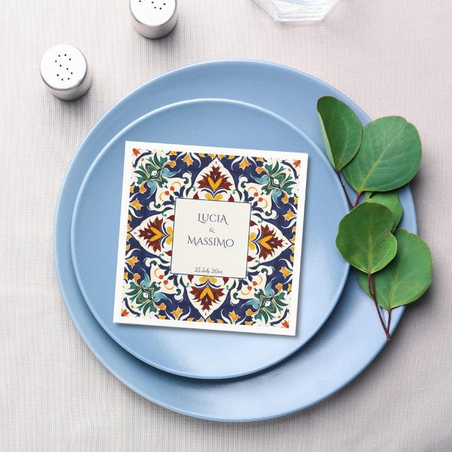 Azulejo blue Mediterranean wedding printed Napkin (Azulejo blue Mediterranean tiles Morocco wedding monogram printed Napkins personalized decor)