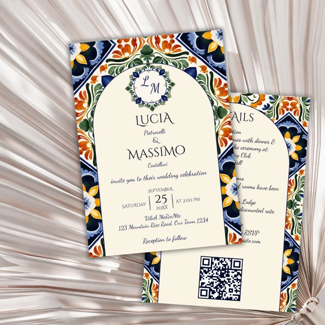 Azulejo blue Talavera vintage Mexican wedding Invitation (Azulejo blue Talavera tiles vintage Mexican wedding Invitation with RSVP template digital download)