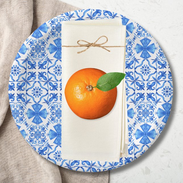 Azulejo Blue & White Mediterranean Tiles Pattern Paper Plate (Blue and White Tiles Pattern Paper Plate | Little Cutie is on the Way | That's Amore | Citrus)