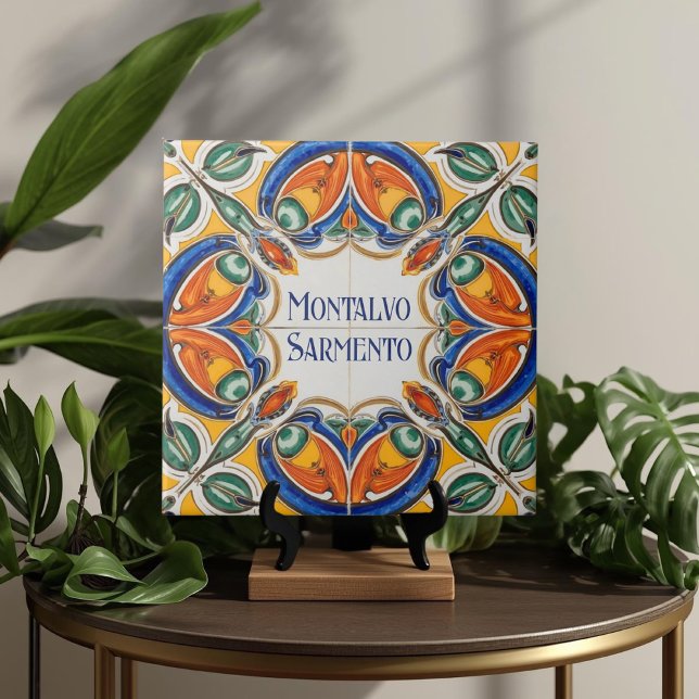 Azulejo Colorful Custom Name Plate Plaque Sign  Tile (Azulejo Mediterranean Blue & White Custom House Name Or Family Name Plaque Sign Square Ceramic Tile)