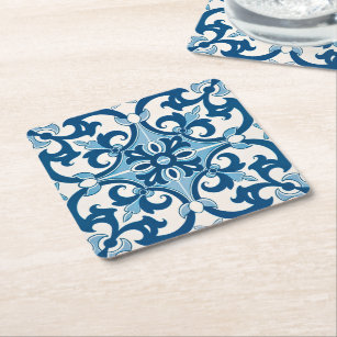 Azulejo Fleur De Lis Style Pattern Square Paper Coaster