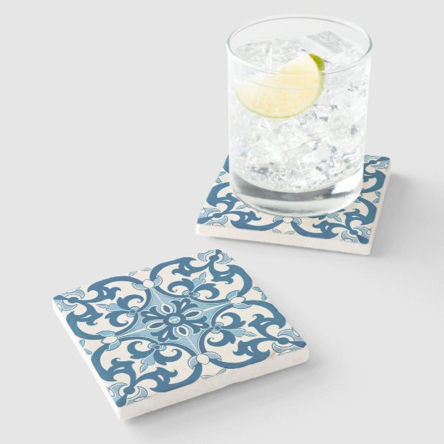 Azulejo Fleur De Lis Style Pattern Stone Coaster (Side)