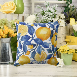 Azulejo Lemons Blue Leaves #1 Throw Pillow
