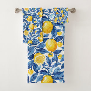 Azulejo Lemons Blue Leaves  Bath Towel Set