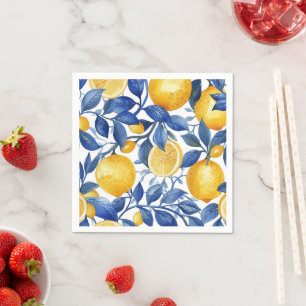 Azulejo Lemons Blue Leaves Pattern Napkin