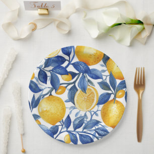 Azulejo Lemons Blue Leaves Pattern Paper Plate