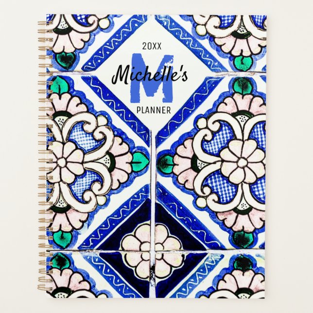 Azulejo Motif espagnol Carreaux marine Monogramme  (Devant)