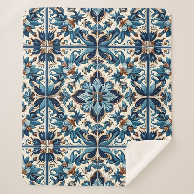 Azulejo Porcelain Blue Tile Mediterranean Pattern Sherpa Blanket (Front)