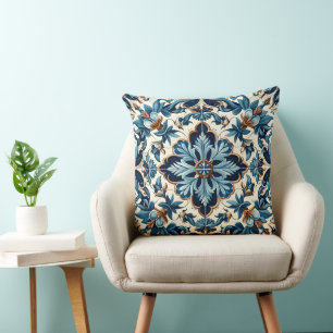 Azulejo Porcelain Blue Tile Mediterranean Pattern Throw Pillow