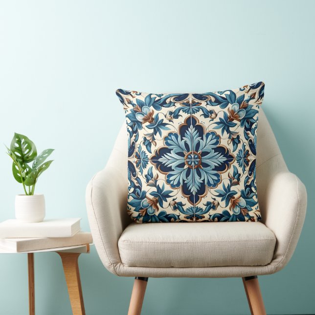 Azulejo Porcelain Blue Tile Mediterranean Pattern Throw Pillow (Chair)