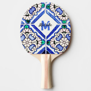 Azulejo Spanish Navy White Monogram Table Tennis Ping Pong Paddle