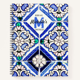 Azulejo Spanish Pattern Tiles Navy White Checklist Notebook
