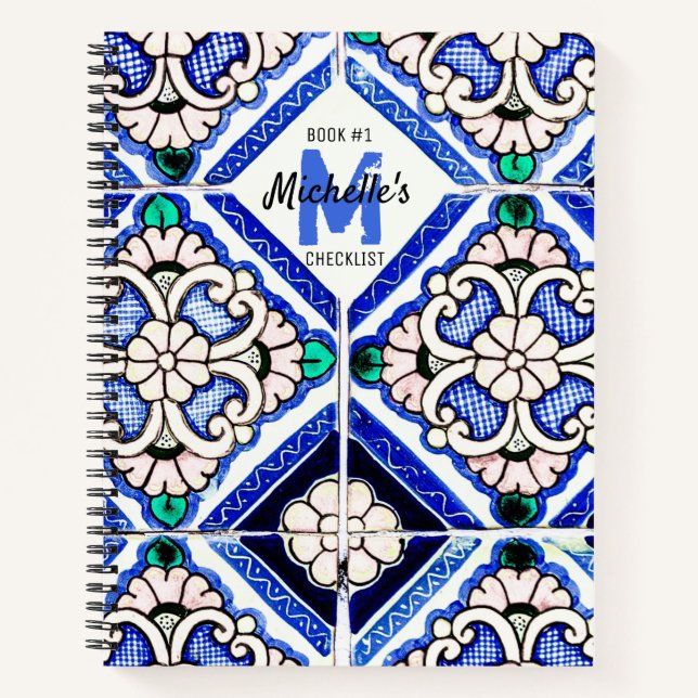 Azulejo Spanish Pattern Tiles Navy White Checklist Notebook (Front)