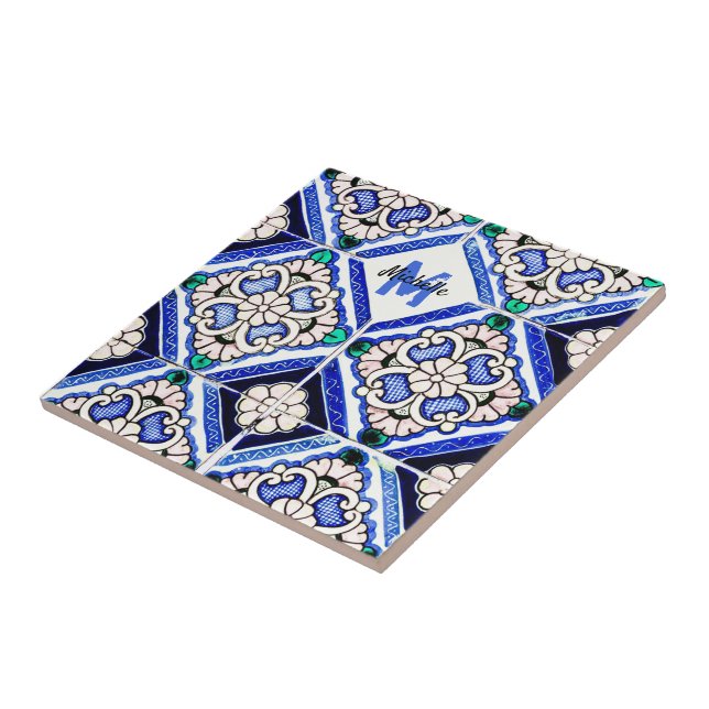 Azulejo Spanish Pattern Tiles Navy White Monogram (Side)