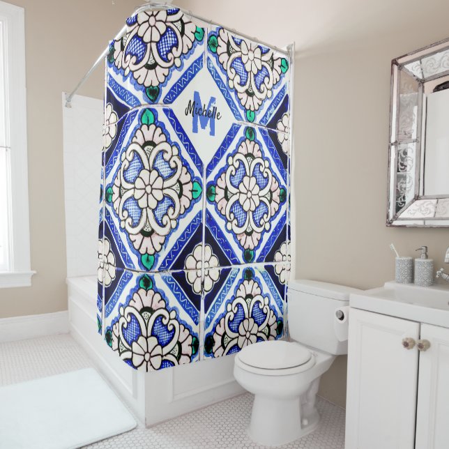 Azulejo Spanish Pattern Tiles Navy White Monogram (In Situ)