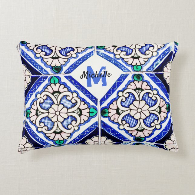 Azulejo Spanish Pattern Tiles Navy White Monogram Accent Pillow (Front)