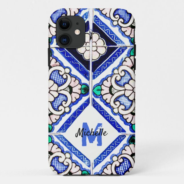 Azulejo Spanish Pattern Tiles Navy White Monogram Case-Mate iPhone Case (Back)