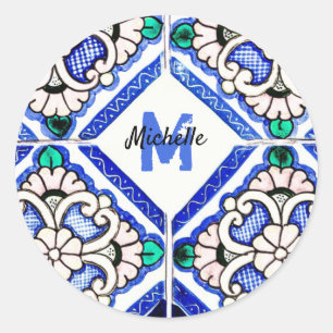 Azulejo Spanish Pattern Tiles Navy White Monogram Classic Round Sticker
