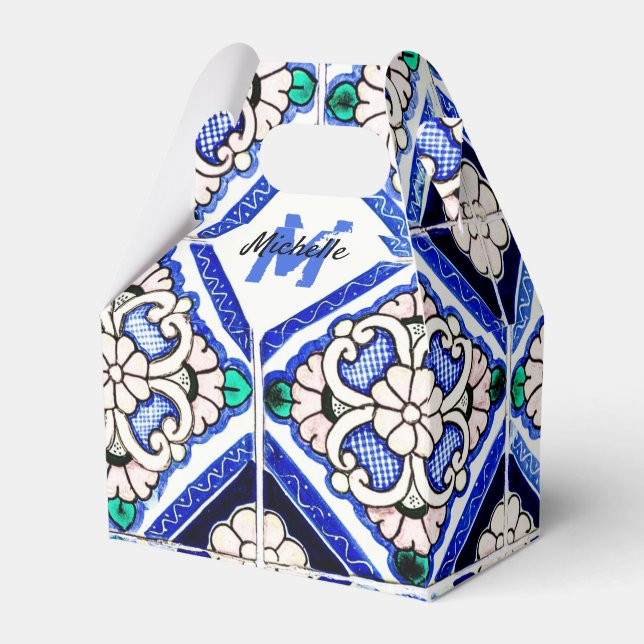 Azulejo Spanish Pattern Tiles Navy White Monogram Favor Box (Front Side)