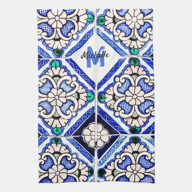 Azulejo Spanish Pattern Tiles Navy White Monogram Kitchen Towel (Vertical)