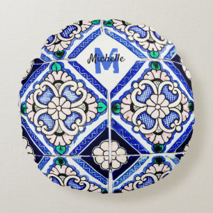 Azulejo Spanish Pattern Tiles Navy White Monogram Round Pillow