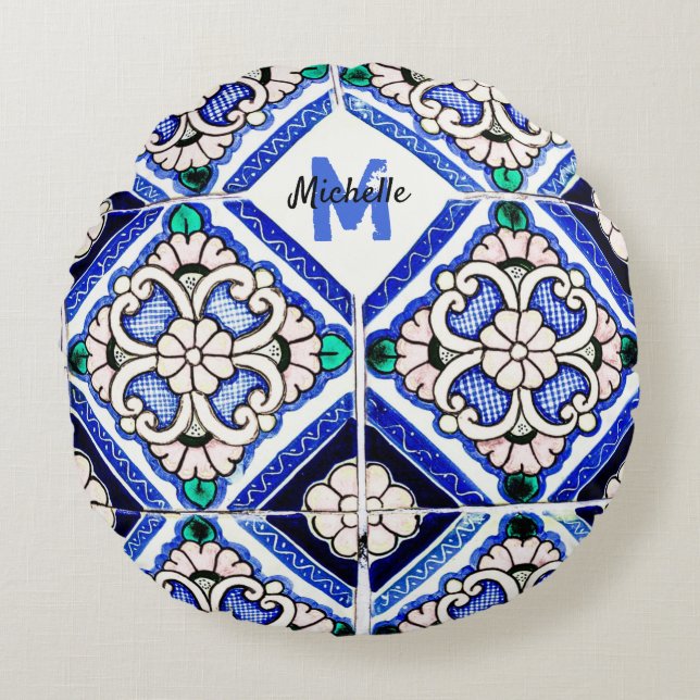 Azulejo Spanish Pattern Tiles Navy White Monogram Round Pillow (Front)