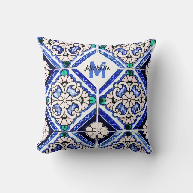 Azulejo Spanish Pattern Tiles Navy White Monogram Throw Pillow (Front)