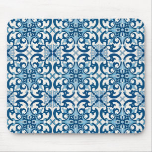 Azulejo Tile Pattern Indigo Blue White Mouse Pad