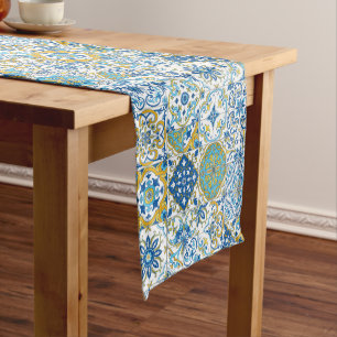 Azulejo tiles in blue and yellow short table runner
