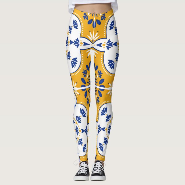 Azulejos Bleu Jaune Blanc Motif Carreaux Leggings (Devant)