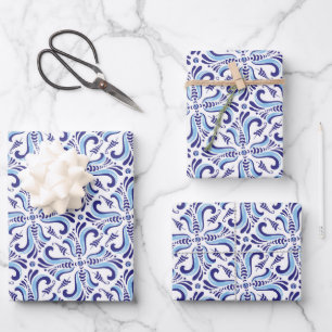Azulejos Blue Floral Pattern Wrapping Paper Sheet