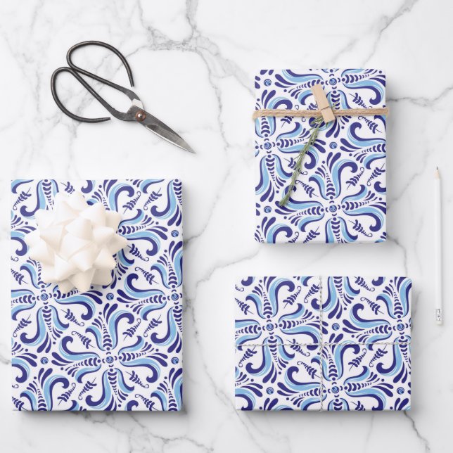 Azulejos Blue Floral Pattern Wrapping Paper Sheet (Front)
