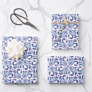 Azulejos Blue Floral Pattern Wrapping Paper Sheet