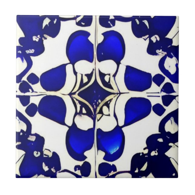Azulejos blue white indigo geometric art tile (Front)