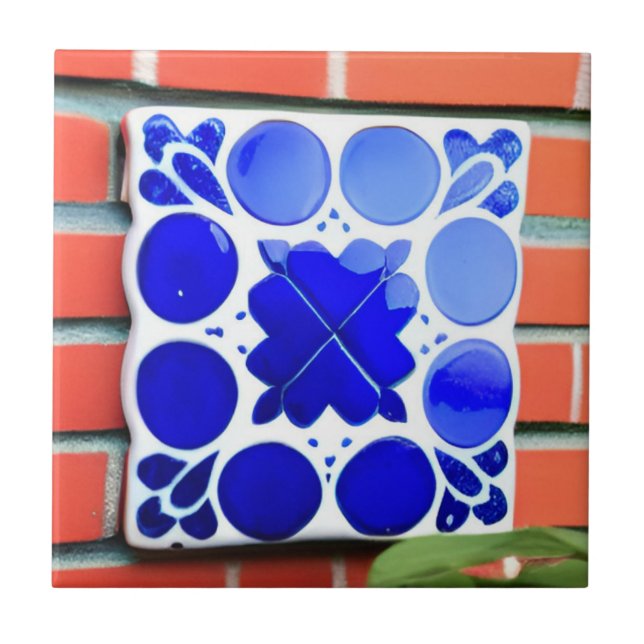 Azulejos blue white indigo geometric wall art tile (Front)