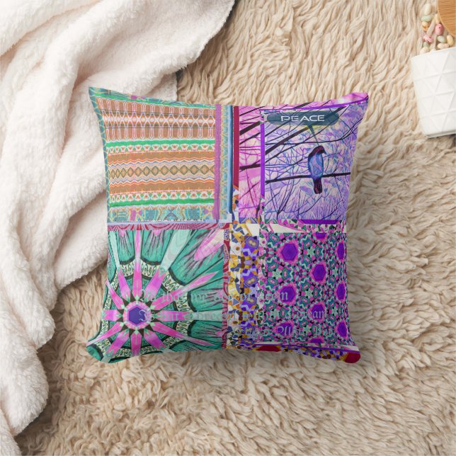 Azulejos Geometric Tiles with Bird of Peace Throw Pillow (Blanket)