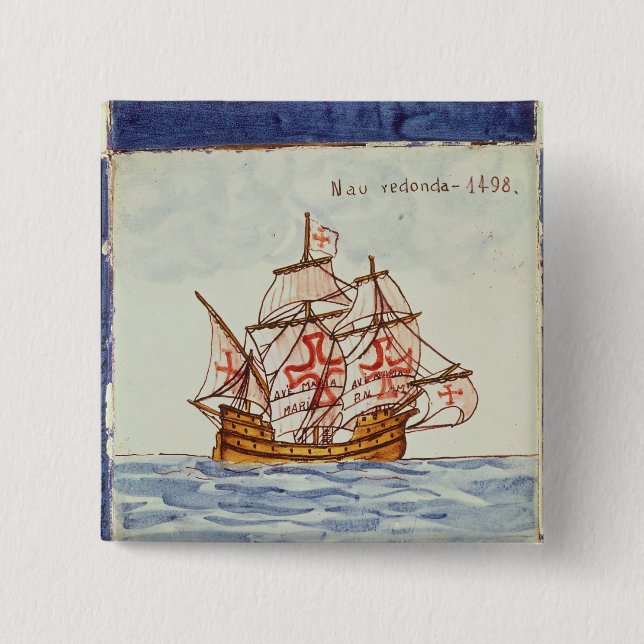 Azulejos tile depicting a ship, from Sagres 2 Inch Square Button (Front)