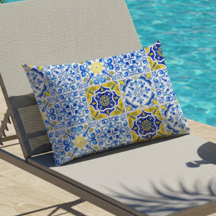 Azulejos Tile Pattern Blue White Yellow Lumbar Pillow