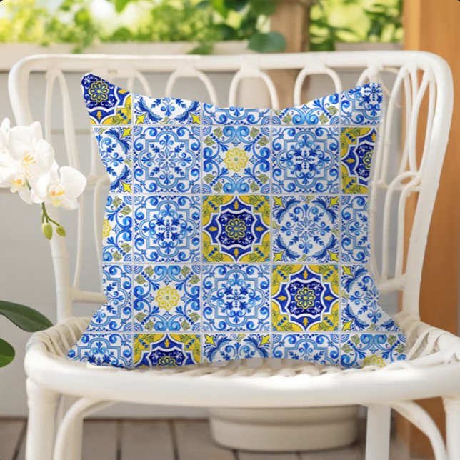 Azulejos Tile Pattern Blue White Yellow Outdoor Pillow (Creator Uploaded)