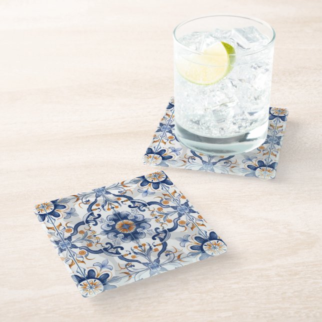 Azulejos Tile Pattern Tile Glass Coaster (Angled)